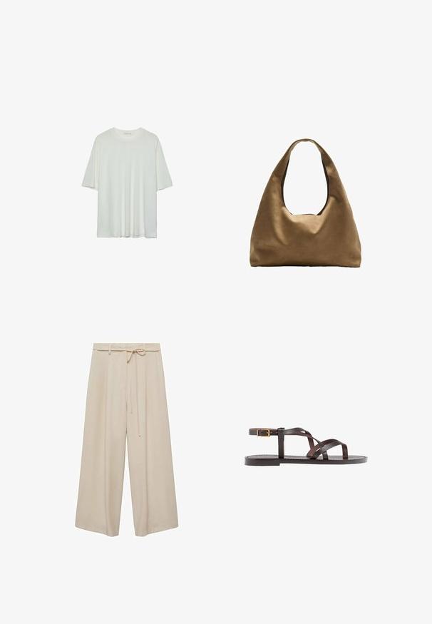 White short-sleeve t-shirt, round neckline, soft cotton blend fabric, relaxed fit, seamless hem, minimalistic design without embellishments.; Beige wide-leg trousers made from a smooth fabric, featuring a tie waist, pleats, and a loose fit for comfort and ease of movement.; Brown leather sandal featuring crisscross straps, an ankle buckle closure, and a flat sole with minimal stitching details.; Brown fabric shoulder bag with a wide, rounded body and a large cutout handle. Soft texture, minimalistic design, and no visible hardware.