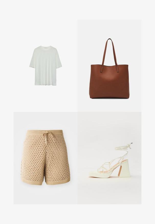 Hvid kortærmet t-shirt, rund halsudskæring, blød bomuldsblanding, afslappet pasform, sømløs kant, minimalistisk design uden udsmykninger.; Beige hæklede shorts med et indviklet diamantmønster, snøre i taljen og ribbede kanter. Letvægts- og åndbart stof.; Hvide højhælede sandaler med en kraftig hæl, der har et stropdesign og ankelbinding. Glat tekstur med en platform foran for ekstra højde.; Brun læder tote taske med en glat overflade, åben topdesign og to skulderremme. Har minimal syning og ingen synlig hardware.