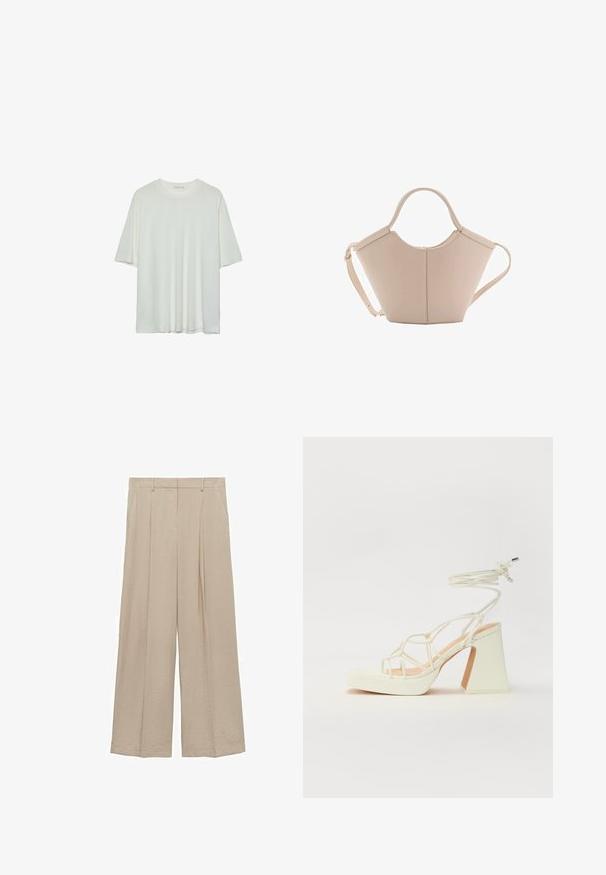 Bijela kratka t-shirtica s kratkim rukavima, okrugli izrez, mekan pamukasti materijal, opušteni kroj, bešavni rub, minimalistički dizajn bez ukrasa.; Bež hlače širokog kroja napravljene od lagane tkanine s glatkom teksturom, prednjim naborima i visokim pojasom s peteljkama za remen.; Bijela sandala na visokoj potpetici s debelim petom, s remenom i vezanjem oko gležnja. Glatka tekstura s platformom sprijeda za dodatnu visinu.; Bež kožna torba jedinstvenog oblika, s dva kratka ručka i dugom podesivom trakom. Glatka tekstura s minimalnim metalnim dodacima.