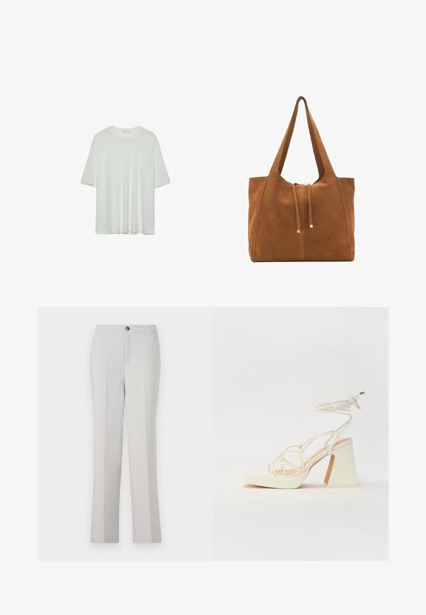 Biała koszulka z krótkim rękawem, okrągły dekolt, miękka tkanina bawełniana, luźny krój, bezszwowy dół, minimalistyczny design bez zdobień.; Jasnoszare spodnie proste z gładkiego materiału, z zapięciem na guzik z przodu, kieszeniami bocznymi i dopasowanym krojem.; Biała sandał na wysokim obcasie z masywnym słupkiem, z paskowym wzorem i wiązaniem przy kostce. Gładka faktura z platformą z przodu dla dodatkowej wysokości.; Brązowa torba tote z zamszu z dwoma długimi paskami, zamknięciem na sznurek i minimalistycznym wzornictwem. Gładka tekstura i brak widocznych akcentów metalowych.