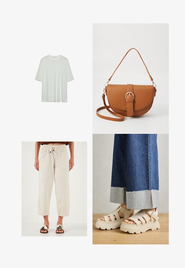 Bijela kratka t-shirtica s kratkim rukavima, okrugli izrez, mekan pamukasti materijal, opušteni kroj, bešavni rub, minimalistički dizajn bez ukrasa.; Svijetlosmeđi, lagani hlače širokih nogavica s elastičnom trakom, špaga za podešavanje i dva prednja džepa. Teksturirana tkanina s opuštenim krojem.; Bež platforme sandale s debelim potplatima imaju dizajn s trakama i podesivim remenima oko gležnja. Nanesene su uz široke traperice, a jedna nogavica je pohabana.; Smeđa kožna torba preko tijela s zakrivljenim oblikom, zlatnim metalnim detaljima i naglaskom na kopču. Ima odvojivu naramenicu.