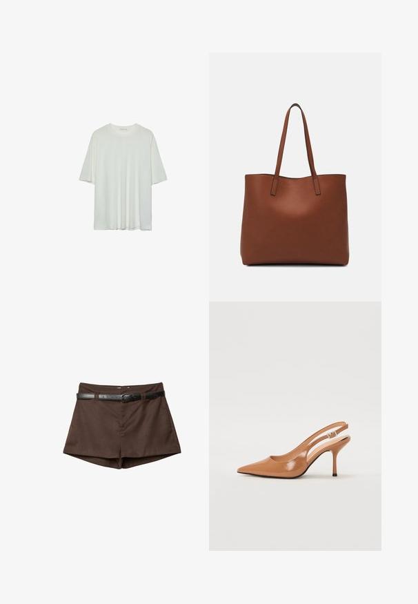 T-shirt blanc à manches courtes, col rond, en tissu doux en mélange de coton, coupe décontractée, ourlet sans couture, design minimaliste sans ornements.; Shorts marron sur mesure avec une fine ceinture noire enfilée dans les passants de ceinture, présentés sur un fond blanc.; Escarpin à talon slingback à bout pointu en matériau beige lisse et brillant. Présente un design de découpes courbées et un talon aiguille fin. Détail de boucle en argent.; Sac fourre-tout en cuir marron avec une texture lisse, design à ouverture supérieure et deux poignées pour le porter à l'épaule. Présente des coutures minimales et aucun matériel visible.