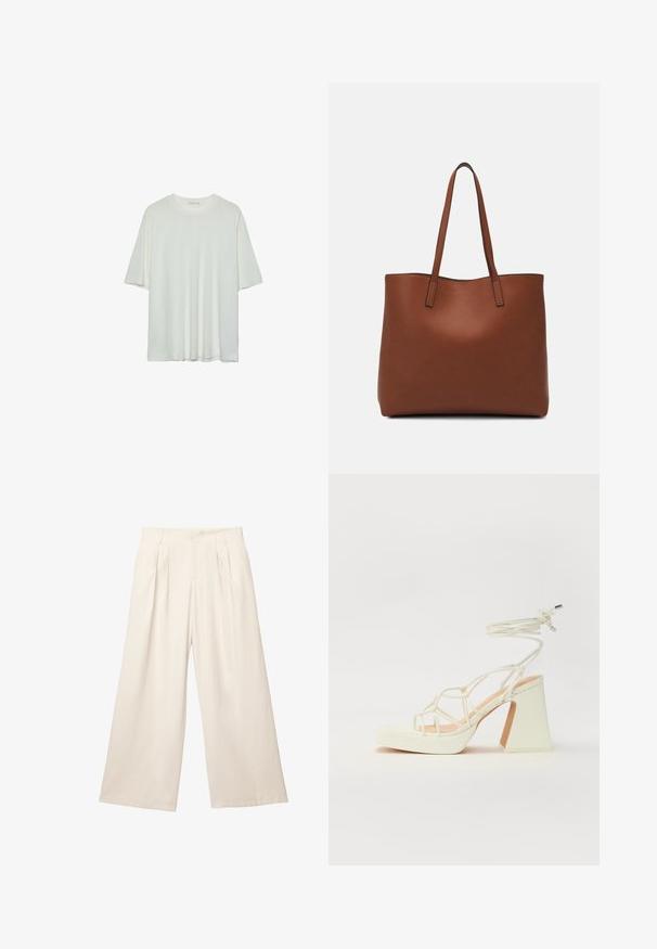 Biała koszulka z krótkim rękawem, okrągły dekolt, miękka tkanina bawełniana, luźny krój, bezszwowy dół, minimalistyczny design bez zdobień.; Spodnie o szerokich nogawkach w jasnym beżowym kolorze z miękkiej, teksturowanej tkaniny. Posiadają plisowane przody oraz elastyczny pas dla luźnego kroju.; Biała sandał na wysokim obcasie z masywnym słupkiem, z paskowym wzorem i wiązaniem przy kostce. Gładka faktura z platformą z przodu dla dodatkowej wysokości.; Brązowa skórzana torba tote o gładkiej fakturze, z otwartym wierzchem i dwoma ramiączkami. Charakteryzuje się minimalnym przeszyciem i brakiem widocznych elementów metalowych.