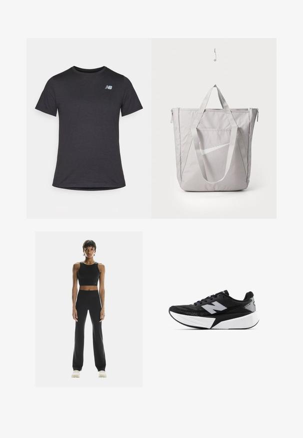 Fekete, rövid ujjú póló puha anyagból, a bal felső mellrészen egy kis szürke New Balance logóval, klasszikus kerek nyakú fazonnal.; On STUDIO  - Leggingek - black; Fekete-fehér New Balance futócipő vastag talppal, hálós felsőrésszel és "N" logóval az oldalon, külső nézetből.; Szürke tote táska megerősített fogantyúkkal, elülső cipzáras zsebbel és egy fehér Nike swoosh logóval. Tartós anyagból készült, sima felületű.