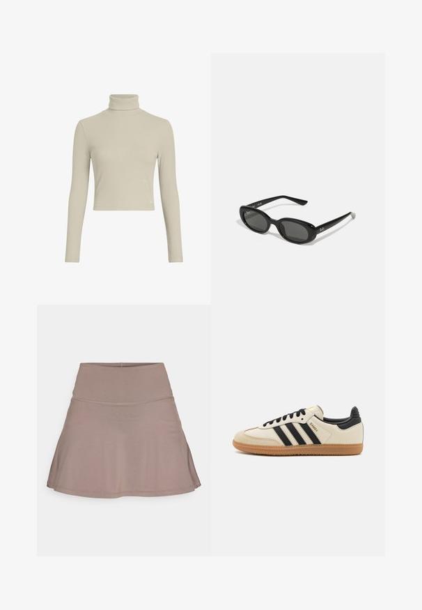 Gaišbeige ribots ar augstu apkakli un garām piedurknēm. Izstrādāts ar pieguļošu siluetu un augstu kakla izgriezumu. Ar diskrētu logotipa birku apakšmalā. Gluda tekstūra.; Gaiši brūns izplešams svārks, izgatavots no gludas, elastīgas auduma ar plašu jostas daļu un gludiem šuvēm. Nav redzamu rakstu vai detaļu.; Bežs sporta apavi ar melnām svītrām, gumijas zole un melniem akcentiem. Ievērojams ar gludu ādas virsu un noapaļotu purngala dizainu.; Melnas saulesbrilles ar ovālām lēcām, spīdīga plastmasas kārba un tievām kājām. Sānos ir redzams Ray-Ban logo baltā krāsā.; Melnas ādas rokassomas ar zelta aksesuāriem, kas ietver paraksta sprādzi, noņemamu plecu siksnu un teksturētu virsmu.