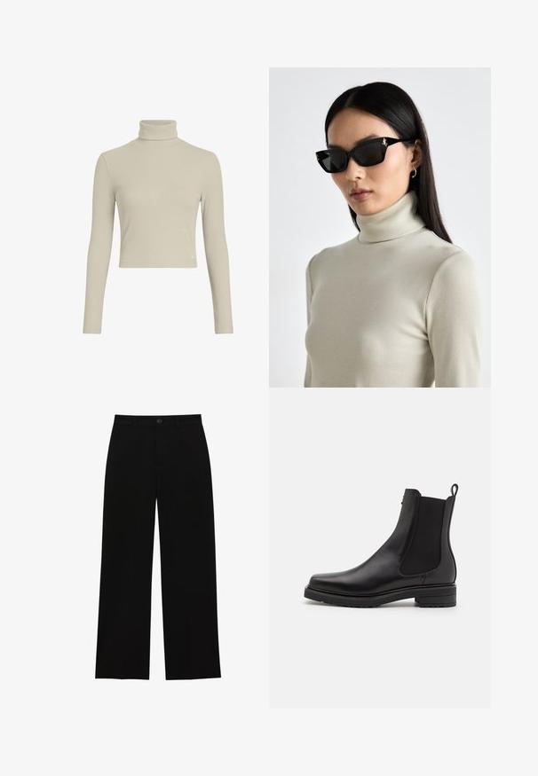 Svetlo bež rebrast turtleneck dolg rokav top z oprijetim dizajnom in visokim ovratnikom. Ima subtilno oznako logotipa na robu. Gladka tekstura.; Črne hlače z visokim pasom in širokimi nogavicami, izdelane iz gladkega materiala, z ravnim sprednjim delom, zapiranjem na gumb in brez vidnih žepov.; Črne usnjene gležnjarje z elastičnimi stranskimi paneli, nizko naloženo peto in zanke za oblečenje na zadnji strani. Gladka tekstura in eleganten dizajn.; Črne pravokotne sončne očala z debelimi okvirji, ki vsebujejo zlate kovinske dodatke. Model nosi svetlo bež rebrasto majico s stoječim ovratnikom.