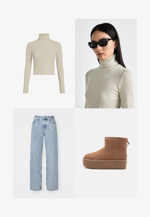 Svetlo bež rebrast turtleneck dolg rokav top z oprijetim dizajnom in visokim ovratnikom. Ima subtilno oznako logotipa na robu. Gladka tekstura.; Svetlo modri široki kavbojki iz denima. Imajo visok pas, pet žepov in zapiranje na gumb in zadrgo. Teksturi površina, minimalno bledenje.; Bela antilopova gležnjača s platformom, okruglim vrhom i dekorativnim šavovima; ima uvučenu petlju straga za lakše oblačenje.; Črne pravokotne sončne očala z debelimi okvirji, ki vsebujejo zlate kovinske dodatke. Model nosi svetlo bež rebrasto majico s stoječim ovratnikom.