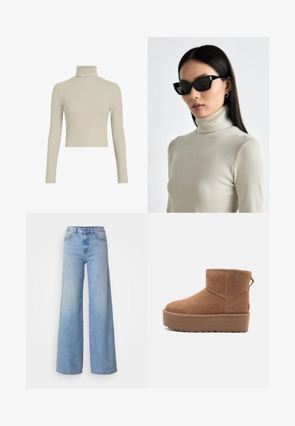 Light beige ribbed turtleneck long-sleeve top with a fitted design and high neck. Features subtle logo tag on the hem. Smooth texture.; Diesel 1978 D-AKEMI - Flared Jeans - 01; Tan suede ankle boot with a platform sole, rounded toe, and stitching accents; features a pull tab at the back for easy wear.; Black rectangular sunglasses with thick frames, featuring gold hardware accents. The model wears a light beige ribbed turtleneck top.