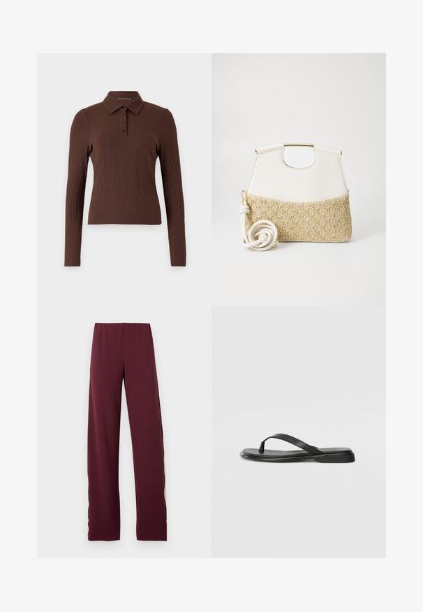 Brūns ribots garās piedurknes polo krekls ar apkakli un trīs pogu aizdari. Audumam ir teksturēta virsma.; Bordo sporta bikses ar elastīgu jostasvietu, ar kontrastējošu olīvu zaļu sānu svītru, taisnas kājas dizainu un gludu tekstūru.; Melni flip-flopi, kas izgatavoti no gludas ādas, ar plānu siksniņu dizainu un plakanu zoli ar minimālu profilu. Nav ievērojamu rakstu vai akcentu.; Balta ādas rokassoma ar strukturētu krēmkrāsas austu audumu apakšā. Iekļauj zeltaini rokturi un saritinātu baltu siksnu daudzveidībai.