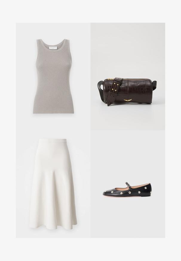 Sivý rebrovaný top bez rukávov s okrúhlym výstrihom a širokými ramienkami. Má jemnú textúru a priliehavý strih. Viditeľná značka.; Biela sukňa v tvare písmena A vyrobená z hladkého materiálu, s priliehajúcim pásom a rozšíreným strihom, ktorý jemne siahne po polovicu lýtok.; Čierne kožené baleríny typu Mary Jane s okrúhlou špičkou, so striebornými kruhovými cvokmi a nastaviteľným remienkom so sponou.; Hnedá taška z kože s embosovaným vzorom krokodíla, cylindrického tvaru, so zlatými hardvérovými doplnkami a odnímateľným popruhom so štítkami.