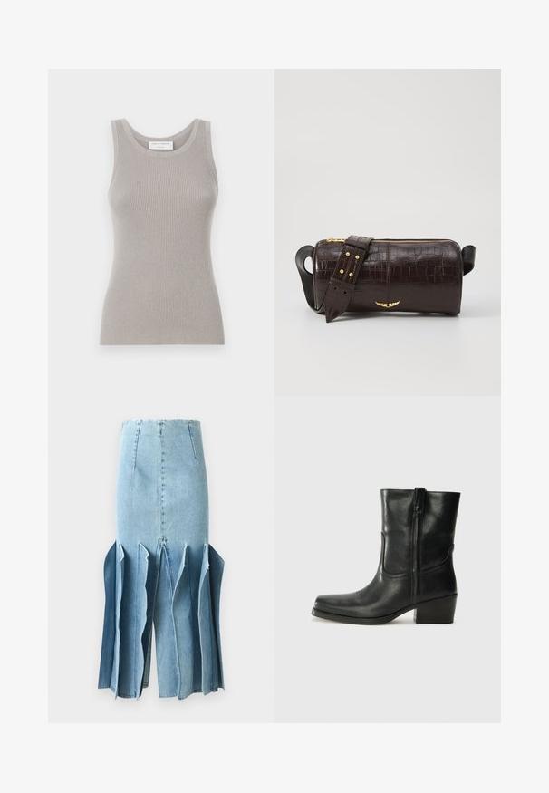 Top tank griș cu dungi, cu decolteu rotund și bretele late. Are o textură moale și un design care se formează pe corp. Eticheta mărcii este vizibilă.; Fustă din denim de culoare albastru deschis, cu un design evazat, având margini zimțate și cusături verticale. Textura este netedă, cu detalii de cusătură vizibile.; Botine din piele neagră, cu vârf rotund, toc pătrat, fermoar pe lateral și accente de cusături pe partea superioară. Textură netedă, design clasic.; Geantă din piele căptușită cu un model de crocodil de culoare maro, cu o formă cilindrică, accesorii de culoare aurie și un curea detasabilă cu tăieturi.