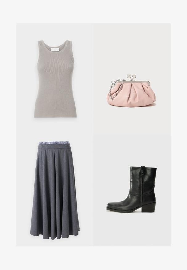 Top tank griș cu dungi, cu decolteu rotund și bretele late. Are o textură moale și un design care se formează pe corp. Eticheta mărcii este vizibilă.; Pantaloni cu talie înaltă, de culoare gri închis, cu croială largă și un model tartan subtil, cu un brâu în dungi albastre și albe, expuși suspendați pe un fundal alb.; Botine din piele neagră, cu vârf rotund, toc pătrat, fermoar pe lateral și accente de cusături pe partea superioară. Textură netedă, design clasic.; Geantă de mână roz din piele, cu un design plisat, cadru metalic, două închizători rotunde și o curea din lanț argintiu. Textură netedă, formă compactă.