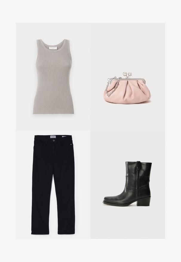 Hall hallidega helehall tank top ümmarguse kaeluse ja laia õlarihmaga. Omab pehmet tekstuuri ja keha järgivat disaini. Brändi silt on nähtav.; Mustad teksased, millel on kitsas lõige, esitõmblusega nööpide sulgemine, vöörihmad ja ees olevad taskud. Pehme materjal sujuva tekstuuriga.; Musta nahast pahkluu saabas ümarate varvastega, plokknäppu, külgsepa ja pealsetel õmblusest aktsentidega. Sile tekstuur, klassikaline disain.; Roosa nahast käsikott voolava disainiga, metallraam, kaks ümmargust klambrit ja hõbedane kett. Sile tekstuur, kompaktne kuju.