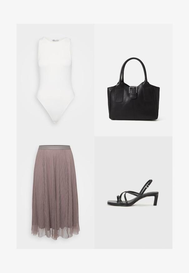 Fehér ujjatlan body, magas nyakkivágással és tanga szabással. Simább textúra és testhez álló siluett, amely formás megjelenést biztosít.; Redőzött midi szoknya puha mályva színben, sima satin derékkal. Könnyű, áramló anyag, függőleges vonalakkal és áttetsző rétegekkel.; Fekete pántos szandál négyzetes orral és alacsony blokk sarkal. Több vékony pánttal és állítható boka pánttal rendelkezik. Sima bőrből készült.; Fekete bőr bevásárlótáska sima textúrával, strukturált formával, két fogantyúval és egy figyelemfelkeltő ezüst csattal az elején.
