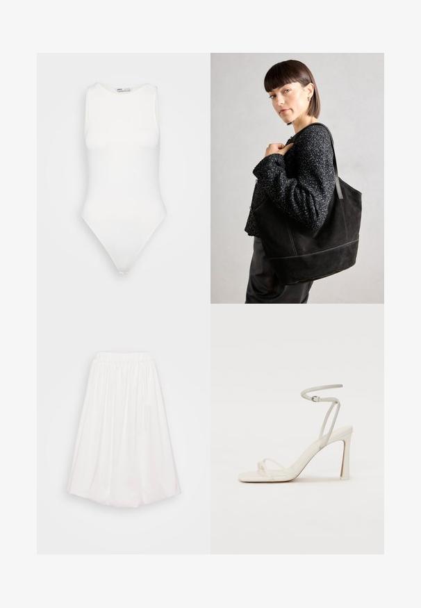 Baltas be rankovių bodis su aukštu kaklu ir thong kirpimu. Lygus paviršius ir prigludusi siluetas, skirtas apkūniam įvaizdžiui.; Balta kelių ilgio sijonas su elastingu juosmeniu, pagamintas iš lygaus audinio, su susibūrimo dizainu, suteikiančiu apimties formą.; Baltos aukšto kulno sandalai su plonyte kulkšnies juostele ir dviem priekinėmis juostelėmis. Sklandus odos paviršius, kvadratinis pirštas ir blizgus kulnas.; Juodas nubuko turgus su sklandžiu paviršiumi, struktūrine forma ir kontrastingomis siūlėmis. Yra ilgos rankenos, skirtos nešti ant peties.; Aukso žiediniai auskarai su lygiu, suapvalintu dizainu. Ploni ir lengvi, su nuolatiniu kilpeliu be jokio papuošimo.
