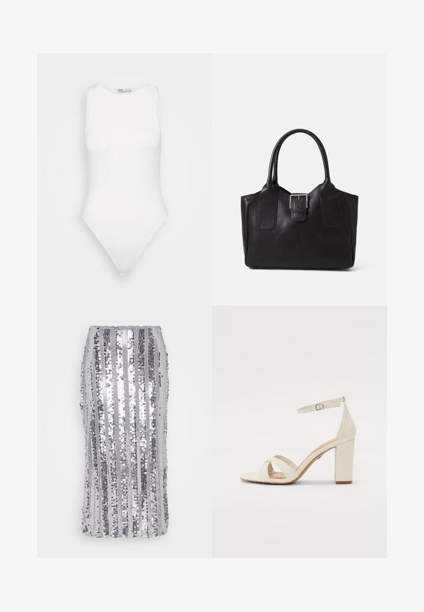 Bodysuit blanc sans manches avec un col montant et une coupe string. Texture lisse et silhouette ajustée conçue pour un look près du corps.; Jupe à paillettes argentées avec des rayures verticales de tailles variées, texture lisse et forme ajustée. Lavable en machine avec un design à enfiler.; Sandale à talon de couleur crème avec un bout carré, des brides croisées, une espèce de cheville avec boucle et un talon épais. Texture en cuir lisse.; Sac fourre-tout en cuir noir avec une texture lisse, une forme structurée, deux poignées et un détail en boucle argentée proéminent à l'avant.
