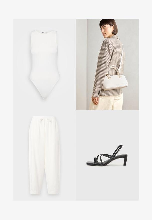 Bela bezrokavna body majica z visokim ovratnikom in tangastim izrezom. Gladka tekstura in prilegajoča silhueta, zasnovana za tesno prileganje.; Bela, ohlapna hlače izdelana iz lahkega materiala. Imajo elastični pas z vrvico in zožene manšete pri gležnjih.; Črne natikače s trakovi in kvadratnim prstom ter nizkim blokastim peto. Imajo več tankih trakov in nastavljiv trak okoli gležnja. Narejene so iz gladkega usnja.; Bela strukturirana torba z kratkimi ročaji in naramnim trakom, z zlatimi okrasnimi elementi in teksturiranim materialom, prikazana na sivi podlagi.