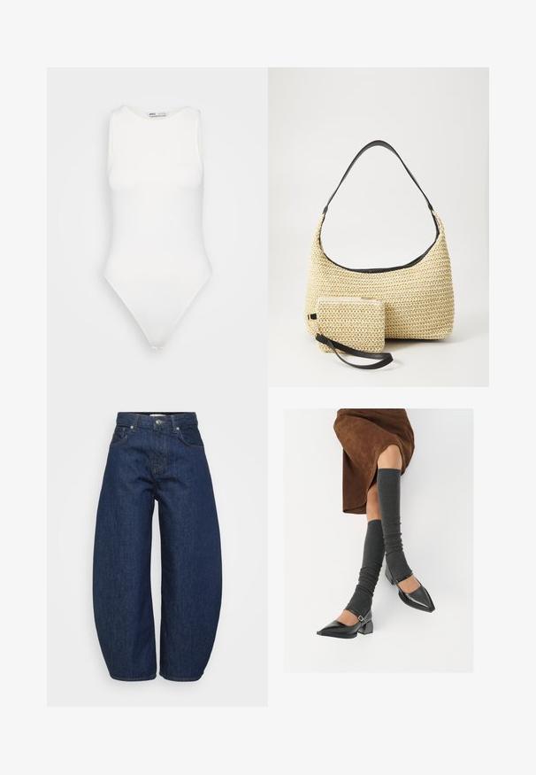 Bela bezrokavna body majica z visokim ovratnikom in tangastim izrezom. Gladka tekstura in prilegajoča silhueta, zasnovana za tesno prileganje.; Temno modre jeans hlače iz jeansa z širokim, sproščenim krojem. Imajo zadrgo, štiri žepe in kontrastne šive ob šivih.; Črne lakirane čevlje s pointy prsti in blok peto ter z naramnicami za gleženj, ki jih kombiniramo s sivimi rebrastimi nogavicami in rjavim suknjičem iz usnja.; Tkana torbica iz slame s zakrivljenim siluetom, ki vključuje gladek črn usnjen trak in usklajen majhen žep, pritrjen z ročajem za zapestje.