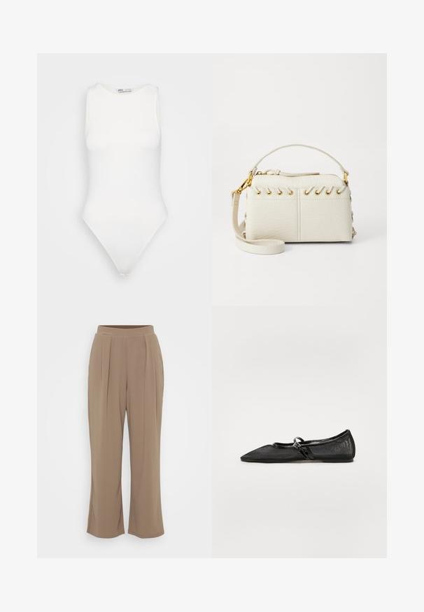 Valge ilma varrukateta bodi kõrge kaelusega ja stripp-põhjaga. Sile tekstuur ja sobiv siluett, disainitud kehaigavaks väljanägemiseks.; Pruunid, laiad püksid pehmest kangast, millel on esipidurid ja elastsest vöökoht mugavuseks. Puhas, minimalistlik disain.; Mustade lameershoed, millel on terav nina, võrgust ülemine osa ja läikivad nahast aktsendid. Omab õhukest rihma, millel on ringikujuline riistvara detail.; Valge kunstnahast kott, millel on ülemine tõmblukk, lühike käepide ja eemaldatav ristkeha rihm kuldsete detailidega. Külgade lacing detail.; Hõbedane rõngas kõrvarõngas poleeritud viimistlusega, millel on väikesed kuldsed aktsendid ja ümmargune kuju, kantud lobus.