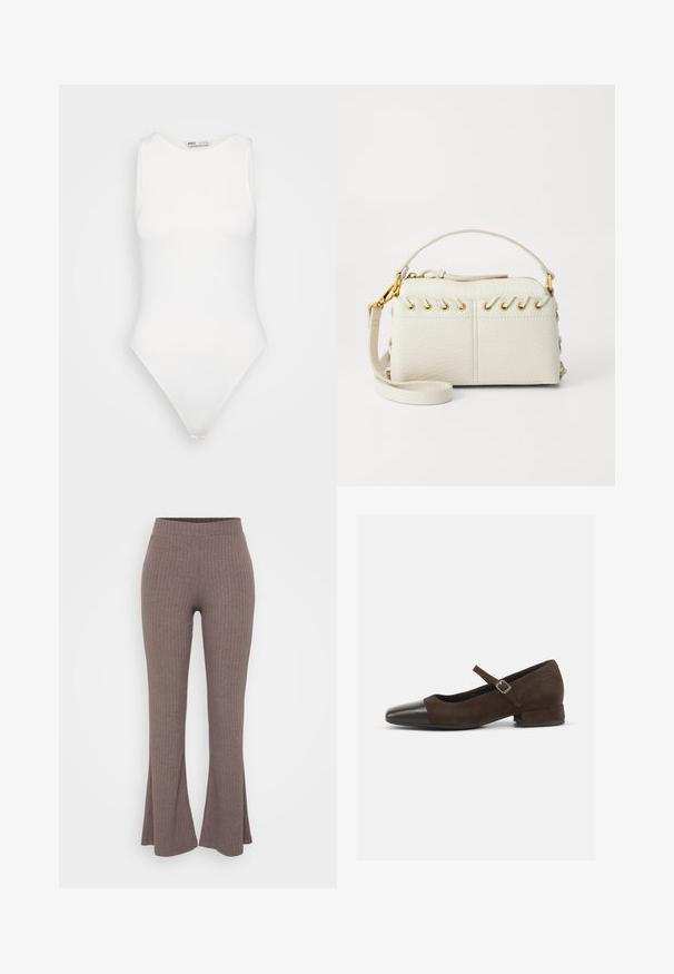 Hvit ermeløs body med høy hals og thong-snitt. Jevn tekstur og tettsittende silhuett designet for en kroppsformet look.; Brune ribbede flarebukser med en høy, elastisk midje og en myk tekstur, med et subtilt vertikalt mønster gjennom hele.; Brune suede Mary Jane-sko med en sort patentlæder tåkap, justerbar rem og lav blokhæl. Glat tekstur med minimale detaljer.; Hvit faux lær håndveske med glidelås på toppen, kort håndtak og avtakbar crossbody stropp med gulltone hardware. Side snøring detalj.; Sølv ringøredob med en polert finish, med små gull detaljer og en rund form, båret på øreflippen.