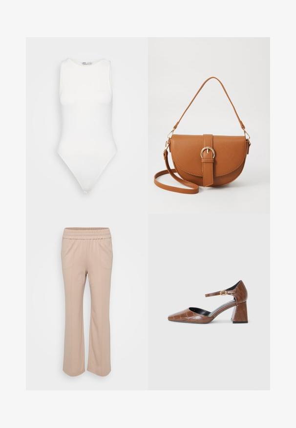 Bodysuit branco sem mangas com um decote alto e corte fio dental. Textura suave e silhueta ajustada projetada para um visual justo ao corpo.; Calças de cor bege claro, com uma cintura elástica e um ajuste relaxado. Apresentam costuras verticais e um tecido suave e liso. Design de perna ampla.; Sapato de salto em couro patente castanho com bico quadrado, padrão textura crocodilo, tiras no tornozelo com fivela dourada e salto grosso.; Bolsa transversal de couro castanho com um formato curvado, ferragens douradas e um detalhe de fivela. Inclui uma alça de ombro destacável.; Brincos em forma de flor prateados com um acabamento texturizado, apresentando ganchos longos e detalhes semelhantes a pétalas para um design intrincado.