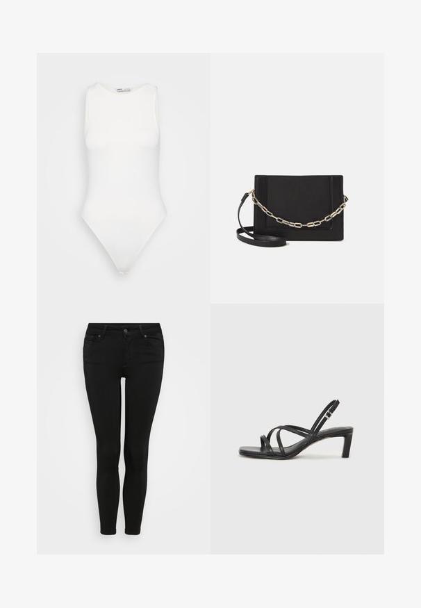 Bodysuit branco sem mangas com um decote alto e corte fio dental. Textura suave e silhueta ajustada projetada para um visual justo ao corpo.; Calças jeans skinny pretas com um design justo, apresentando um fecho de zíper e botão, cinco bolsos e uma textura suave e elástica.; Sandal de tiras pretas com biqueira quadrada e um pequeno salto bloco. Apresenta várias tiras finas e uma tira no tornozelo ajustável. Feito de couro liso.; Bolsa crossbody de couro preto com uma textura suave, forma retangular e um detalhe em corrente metálica na frente. Inclui uma alça ajustável.