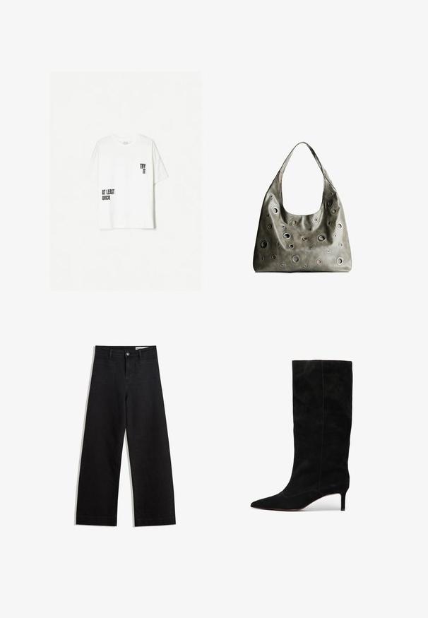 Biele bavlnené tričko s krátkymi rukávmi. Obsahuje čierny potlačený text: „SKÚSTE TO“ v pravom hornom rohu a „MINIMÁLNE RAZ“ v ľavom dolnom rohu.; Čierne denimové nohavice s širokými nohavicami a vysokým pásom, so prednými a zadnými vreckami, šitými švami a zapínaním na gombík. Hladká textúra.; Čierne semišové čižmy po kolená s špicatou špičkou a úzkym ihlovým podpätkom. Vyznačujú sa minimálnymi švami a hladkým povrchom.; Olive zelená kožená kabelka so spadnutým dizajnom, obsahujúca rôzne veľkosti kruhových výrezov a akcenty v tmavších a svetlejších odtieňoch.