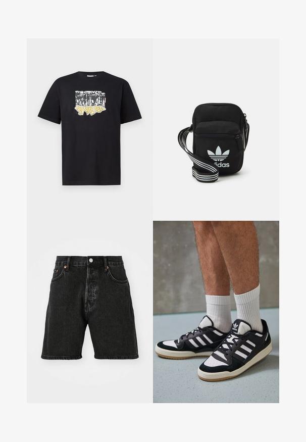 T-shirt en coton noir avec un imprimé graphique en blanc et jaune portant le texte "IRON LIKE HELL" et un design de silhouettes.; Shorts en denim noir avec une taille haute, un design à cinq poches, des boutons en cuivre et un ourlet brut. Le tissu a une légère texture avec un effet dégradé.; Baskets noir et blanc avec une tige en suède et cuir, comportant trois rayures blanches, un bout perforé et une semelle en caoutchouc gum.; Sac bandoulière noir en tissu avec fermeture éclair, arborant un logo Adidas blanc et une sangle réglable rayée pour un port facile.