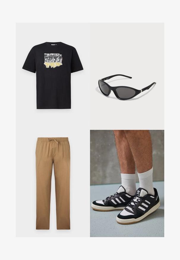 Must have mustrused t-särk mustast puuvillast, millel on valge ja kollane graafiline print tekstiga "RAUD NAGU PÕRGU" ning siluettide kujundus.; Heledad pruunid, vabalt langevad püksid, mis on valmistatud siledast kangast. Omavad elastset vööd ja nööriga, sirge sääre disaini.; Mustvalged ja valged spordijalatsid, mille pealmine osa on valmistatud suede'ist ja nahast. Kingadel on kolm valget riba, auguline varvas ja kummist tald.; Mustad musta kassi silmadega prillid, millel on sirged, matt raamid, tumedad objektiivid ja hõbedased aktsendid templitel. Moodne disain terava kujuga.; Valge pärlkaelakee, millel on ühtlane ümar kuju, sile pind ja metallist kinnitusbüts koos pikendusahelaga reguleeritava pikkuse jaoks.