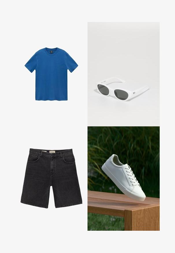 Modrá bavlnená tričko, krátke rukávy, okrúhly výstrih, jednofarebné, hladká textúra, rovný lem, bez vzorov alebo ozdôb.; Čierne denimové šortky s klasickým strihom, obsahujúce päť vreciek a zapínanie na gombík. Textúrovaná látka, čisté zakončenie a rovný lem.; Biele šnurovacie tenisky sa vznášajú nad drevenou lavicou so zeleným porastom v pozadí, predvádzajúc design a textúru topánok.; Biele slnečné okuliare so zaoblenými rámami a tmavými sklami. Majú hladký plastový povrch a malé logo na nožičke.