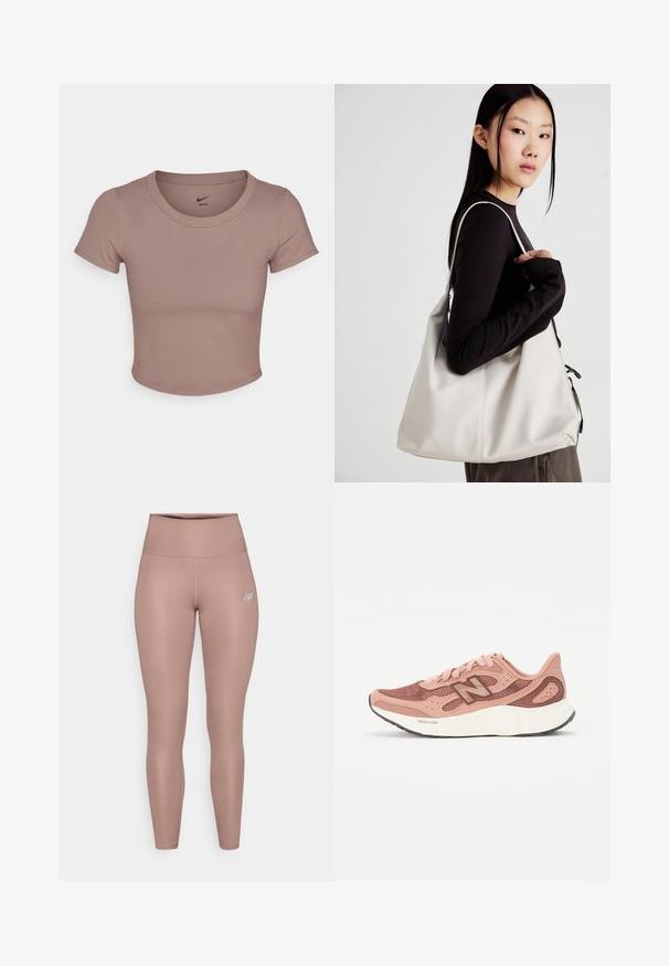 Brun cropped t-shirt lavet af glat stof, med rund halsudskæring og korte ærmer. Nike-logo trykt inde i kraven.; New Balance HARMONY HIGH RISE - Tights - earth shadow; Lyserød løbesko med en mesh-overdel, der har et tekstureret design og brune detaljer. Letvægts sål med betydelig polstring.; Beige håndtaske lavet af blødt materiale med et slouchy design, stikninger og to skulderremme. Velegnet til daglig brug.