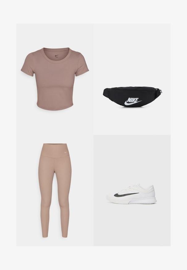 T-shirt corto marrone realizzato in tessuto liscio, con scollo rotondo e maniche corte. Logo Nike stampato all'interno del colletto.; Leggings a vita alta, a coste, di colore marrone chiaro, con una cintura liscia e un delicato logo sulla vita, con una silhouette aderente.; Scarpa sportiva bianca con tomaia in rete testurizzata, striscia nera con logo, collo imbottito e suola in gomma con motivo di trazione.; Marsupio nero in nylon con chiusura zip, caratterizzato da un grande logo Nike bianco. Texture liscia e design ergonomico per un'indossabilità confortevole.