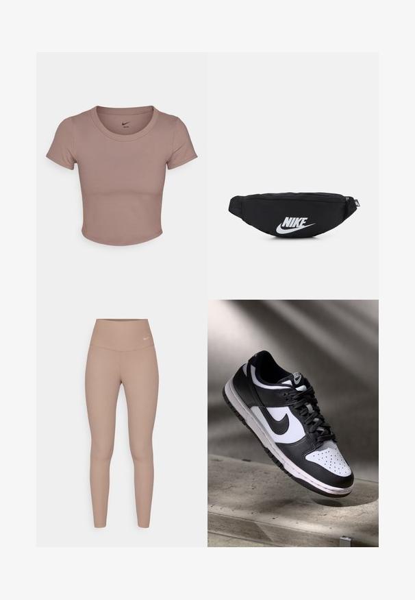Camiseta corta marrón hecha de una tela suave, con escote redondo y mangas cortas. Logo de Nike impreso en el interior del cuello.; Leggings de tiro alto y con canalé en un color marrón claro, con una cinturilla suave y un sutil detalle de logo en la cadera, presentando una silueta ajustada.; Zapatilla Nike Dunk Low en blanco y negro con parte superior de cuero, caja de dedos perforada y cordones negros, que cuenta con una suela blanca y acentos de logo.; Riñonera negra de nailon con cierre con cremallera, que presenta un gran logo blanco de Nike. Textura suave y diseño ergonómico para un uso cómodo.