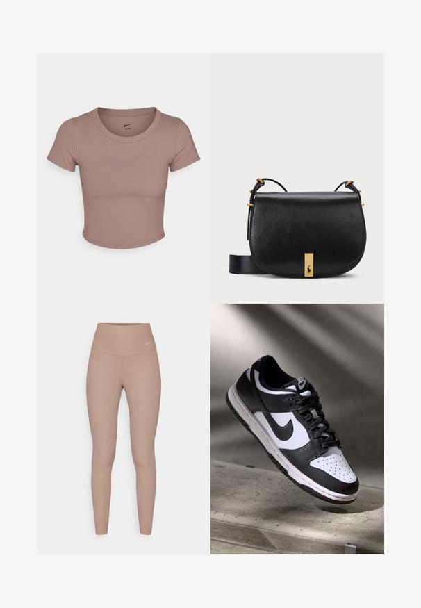 T-shirt corto marrone realizzato in tessuto liscio, con scollo rotondo e maniche corte. Logo Nike stampato all'interno del colletto.; Leggings a vita alta, a coste, di colore marrone chiaro, con una cintura liscia e un delicato logo sulla vita, con una silhouette aderente.; Sneaker Nike Dunk Low in bianco e nero con tomaia in pelle, punta perforata e lacci neri, caratterizzata da una suola bianca e dettagli del logo.; Borsa a tracolla in pelle nera con un' accentatura in metallo dorato e tracolla regolabile, caratterizzata da una texture liscia e una forma curvata.