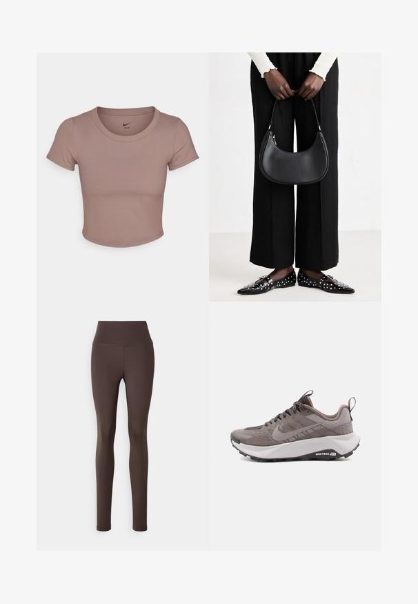T-shirt castanho cropped feito de tecido suave, com gola redonda e mangas curtas. Logo da Nike impresso na parte interna da gola.; Leggings castanhos de cintura alta feitos de um tecido elástico, com uma textura suave e silhueta ajustada, sem padrões ou metais visíveis.; Sapatilhas de corrida de trilha Nike cinzentas com uma parte superior texturizada, biqueira reforçada, palmilha acolchoada e sola exterior de borracha preta. Inclui atacadores e uma alça.; Bolsa de ombro de couro preta com forma arredondada, acabamento brilhante e ferragens prateadas. Pessoa vestindo calças largas pretas e mocassins com tachas.