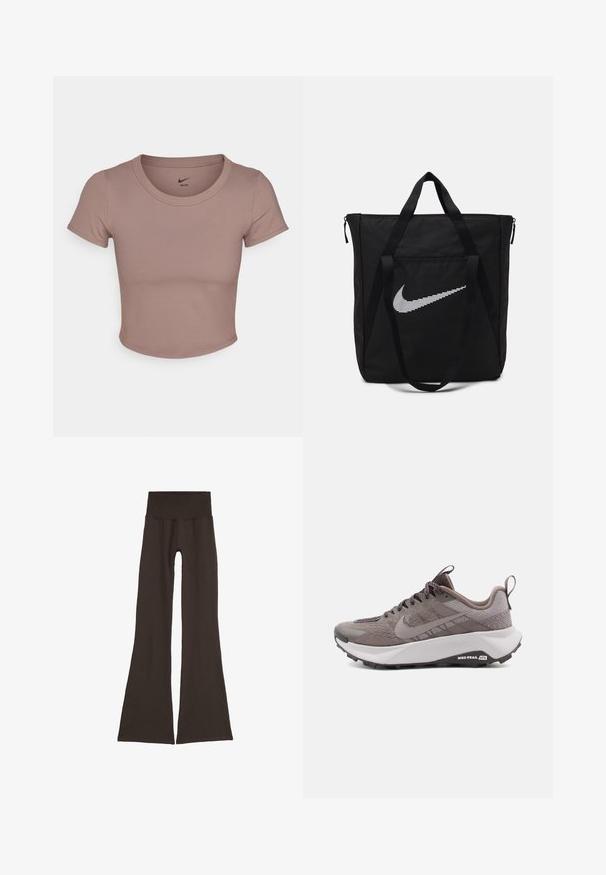 Ruskea lyhytripsinen t-paita, joka on valmistettu sileästä kankaasta. Paita on pyöreäkauluksinen ja siinä on lyhyet hihat. Nike-logo on painettuna kauluksen sisäpuolelle.; Tummanruskeat leveät leggingsit, joissa on leveä, ribbikuvioitu vyötärönauha. Valmistettu pehmeästä ja joustavasta materiaalista, jossa on saumaton muotoilu ja ilman näkyviä kiinnikkeitä.; Harmaat Nike-maastojuoksukengät, joissa on teksturoitu yläosa, vahvistettu kärki, pehmustettu välipohja ja musta kumipohja. Nauhat ja vetoluukku sisältyvät.; Musta nailoninen kassi, jossa on kaksi tukevua kahvaa ja vetoketjukiinnitys. Erityinen valkoinen Nike-swoosh-logo on esillä vaakasuunnassa raidallisessa muotoilussa.