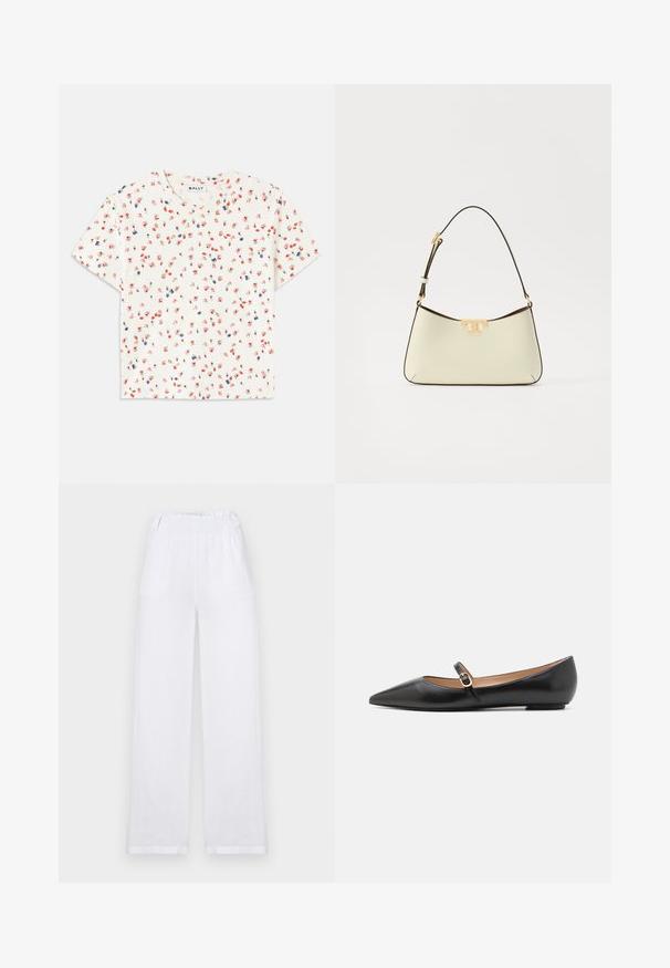 Valge lühikeste varrukatega T-särk, millel on lilleline muster punaste ja siniste õitega, ümar kaelus ning pehme, tekstuuriga materjal.; Valged linased laiad püksid, millel on elastne vöökoht, kaks küljetaskut ja sirge siluett koos rullitud äärtega.; Musthave mustanahkased balletkingad terava varbaga ja külgrihmaga, millel on ümmargune kuldne aksessuaar. Kerged ja tasase tallaga.; Kreemivärviline nahast käekott, millel on kõver kuju. Kaunistab kuldse tooni logoaktsent ning õhuke, reguleeritav tume rihm.