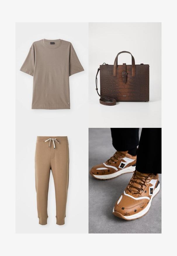 T-shirt marrone a maniche corte con design a girocollo, caratterizzato da un sottile motivo testurizzato e una piccola etichetta con logo sul lato sinistro in basso.; Pantaloni jogger marrone chiaro con vita elasticizzata, cordini bianchi e marroni, tasche laterali e caviglie a costina su sfondo bianco.; Sneaker in pelle marrone con accenti bianchi, motivi testurizzati e dettagli in oro; suola spessa bianca; punta rotonda e design con lacci.; Borsa in pelle marrone con stampa coccodrillo, dotata di manici superiori e tracolla removibile. Caratterizzata da una chiusura a fibbia e forma rettangolare.