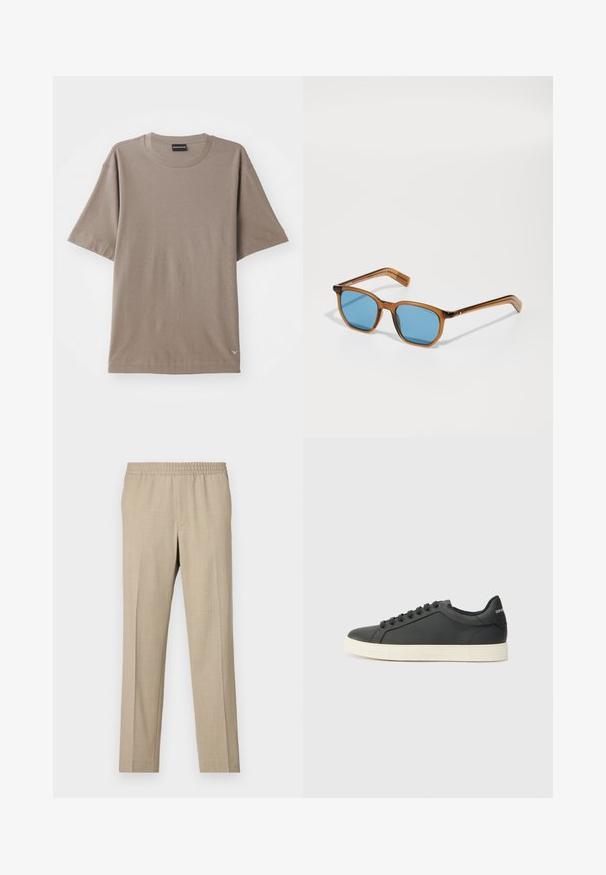 Brun kortermet t-skjorte med rund halsdesign, som har et subtilt strukturert mønster og et lite logostempel nederst til venstre.; Filippa K THEO - Bukse - sage melange; Svart skinnsneaker med lav profil, rund tå og snøring; har en teksturert gummisåle og logo-detalj på hælen.; Brune plastikkinnes solbriller med blå linser, firkantet form, tynne armer, teksturerte detaljer på templene og en polert overflate.