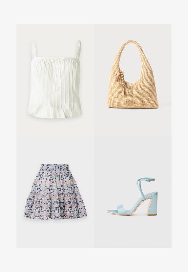 Hvit ermeløs topp med tynne stropper, med plisserte detaljer og blonder langs utringningen. Lett bomullsstoff.; Blomstertrykt skjørt i lyseblått, med rosa og marineblå blomster. Lagdelt design med elastisk liv og myk, teksturert stoff.; Lyseblå satinsandal med høye hæler, firkantet tå, ankelstropp og tykt blokkheel. Glatt tekstur og minimalistisk design.; Vevd beige håndveske med buet håndtak, teksturert overflate og en brun kvastdetalj. Har en avslappet, hobo-form.