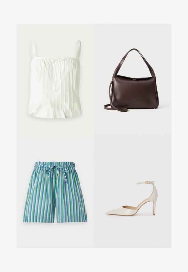 White sleeveless top with thin straps, featuring pleated texture and lace accents along the neckline. Lightweight cotton fabric.; MILLE CARY - Shorts - multicoloured; White leather high-heeled shoe with a pointed toe, ankle strap, and a slim stiletto heel. Smooth texture with subtle glossy finish.; Brown leather handbag with a structured shape, featuring a single top handle and a detachable shoulder strap. Gold-tone hardware detail.