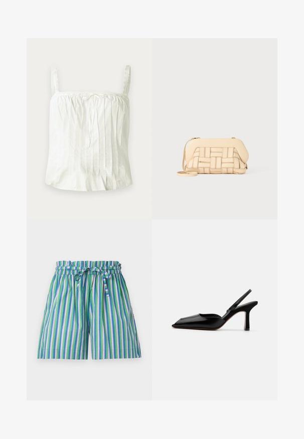 Biely bezrukávový top s tenkými ramienkami, s plisovanou textúrou a čipkovými detailmi pozdĺž výstrihu. Ľahká bavlnená tkanina.; MILLE CARY - Šortky - multicoloured; Čierne kožené sandále na podpätku s špicatou špičkou, minimalistický dizajn, tenký remienok okolo členka a elegantný stiletto podpätok. Hladká textúra.; Tkaná béžová kabelka so štruktúrovaným dizajnom, s hladkým vrchom a dlhým popruhom. Textúrované detaily zlepšujú celkový vzhľad.