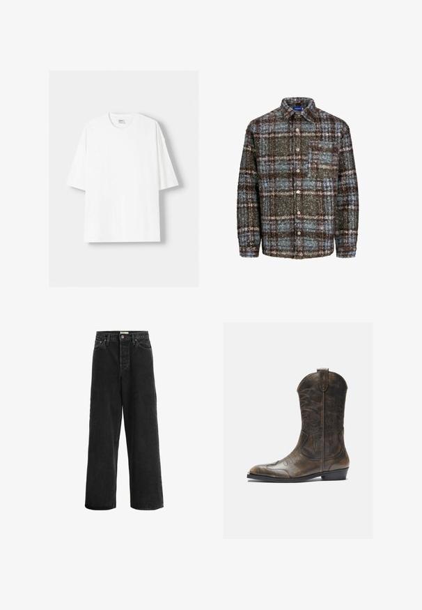 Tricou alb cu mânecă scurtă, confecționat din bumbac, cu un decolteu rotund și o croială lejeră. Textură netedă, fără modele sau accente vizibile.; Jachetă cămașă în carouri maro și albastru, fabricată dintr-un material texturat; are o buzunar la piept și închidere cu nasturi.; Jeans negri cu picior larg fabricate din material denim. Prezintă o talie înaltă, două buzunare frontale, închidere cu buton și detalii de cusătură subtile.; Botă de cowboy din piele maro cu un gât înalt, vârf ascuțit, modele complicate de cusături și un toc mic. Finisaj texturat pe întreaga suprafață.