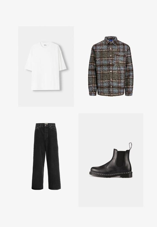 Fehér, rövid ujjú pamut póló, kerek nyakkivágással és laza szabással. Simább textúra, látható minták vagy díszítések nélkül.; Barna és kék kockás ingdzseki, texturált anyagból készült; mellzseb és gombos záródás jellemzi.; Fekete, bőszárú farmernadrág. Magas derekú, két elülső zsebbel, gombos záródással és visszafogott varrási részletekkel rendelkezik.; Fekete bőr Chelsea boots, elasztikus oldalsó panelekkel, lekerekített orral, húzófüllel, fehér varrással a talpon és texturált gumi talppal.