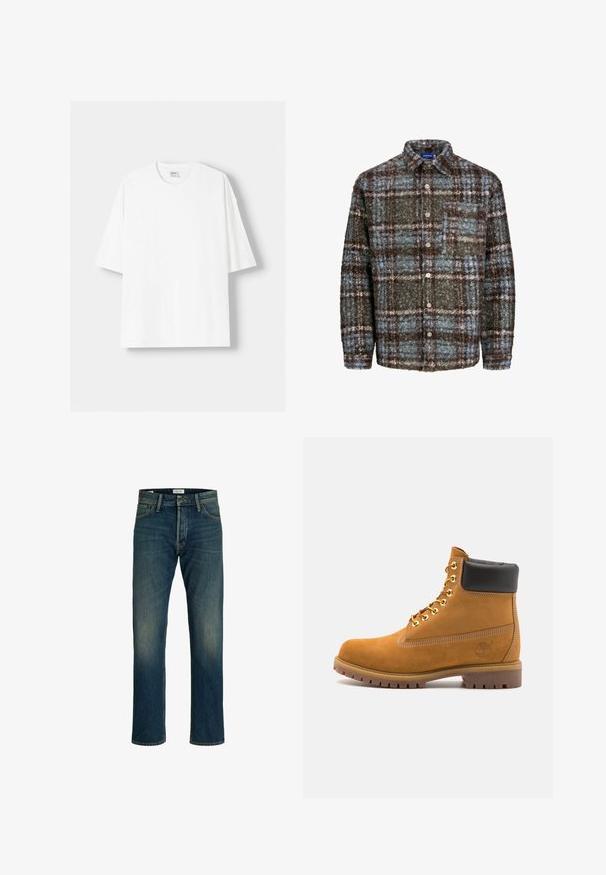 Biała koszulka z krótkim rękawem wykonana z bawełny, z okrągłym dekoltem i luźnym krojem. Gładka faktura, bez widocznych wzorów lub akcentów.; Brązowa i niebieska koszula w kratę z teksturowanej tkaniny; posiada kieszeń na piersi oraz zapięcie na guziki.; Jeans denimowe w średnim niebieskim odcieniu, o prostym kroju nogawki, klasycznym pięciopocketowym designie oraz lekkim wyblaknięciu na udach dla tekstury.; Beżowe zamszowe botki sięgające kostki z czarną wyściełaną krawędzią, złotymi oczkami, białymi detalami szycia oraz wytrzymałą gumową podeszwą z wyraźnym bieżnikiem.