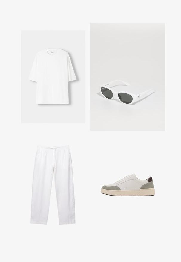 Biela tričko s krátkym rukávom vyrobené z bavlny, s okrúhlym výstrihom a voľným strihom. Hladká textúra, bez viditeľných vzorov alebo akcentov.; Biele, voľné nohavice vyrobené z ľahkej textílie. Obsahujú elastický pás s šnúrkou a dve bočné vrecká.; Biele tenisky s šedou semišovou a tmavo-hnedou koženou akcentmi. Obsahujú šnurovací dizajn, zaoblenú špičku, hrubú bielu gumovú podrážku a minimálne prešitie.; Biele slnečné okuliare so zaoblenými rámami a tmavými sklami. Majú hladký plastový povrch a malé logo na nožičke.