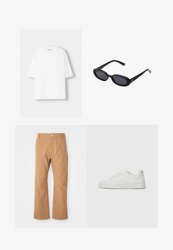 Bela kratka majica s kratkimi rokavi iz bombaža, s krožnim izrezom in sproščenim krojem. Gladka tekstura, brez vidnih vzorcev ali poudarkov.; Rjave bombažne hlače s ravnim krojem, opremljene z enim gumbom za zapiranje in diskretnim šivanjem za dodatne detajle.; Bela usnjena športna obutev z gladko površino, okroglo prst, ravne vezalke in teksturiran podplat. Ima diskretno logo na peti.; Črne oversize sončne očala z ovalnimi lečami, gladkim plastičnim okvirjem in zlatenimi detajli na templjih. Temne leče zagotavljajo zaščito pred soncem.