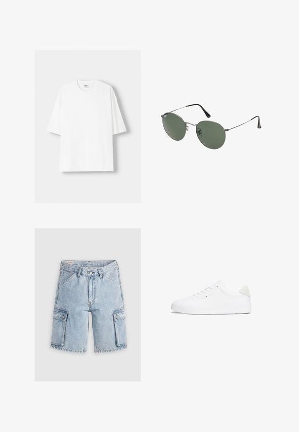 T-shirt bianco a maniche corte realizzato in cotone, con scollatura rotonda e vestibilità rilassata. Texture liscia, senza motivi o dettagli visibili.; Pantaloni cargo in denim blu chiaro con una vestibilità rilassata, dotati di due tasche laterali e dettagli cuciti lungo le cuciture.; Sneaker bianco con tomaia in pelle liscia, punta rotonda, suola piatta e design minimalista. Presenta un branding sottile e un accento beige sul tallone.; Occhiali da sole con montatura in metallo e lenti verdi ovali. Montatura sottile in metallo argento e terminali neri. Design minimalista, senza loghi visibili.