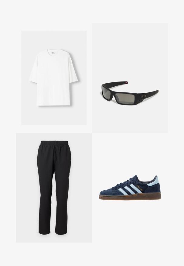 Fehér, rövid ujjú pamut póló, kerek nyakkivágással és laza szabással. Simább textúra, látható minták vagy díszítések nélkül.; Fekete, könnyű nadrág, rugalmas derékkal, egyenes szabással és texturált anyaggal, látható záróelem vagy zseb nélkül.; Sötétkék velúr Adidas sneaker világoskék csíkokkal, gumitalppal, világoskék saroktabbal és arany "Spezial" márkázással az oldalon.; Fekete napszemüveg matt felülettel, téglalap alakú lencsékkel, enyhe ívvel a templomokon, diszkrét logó részlettel és füstszínű lencsékkel.