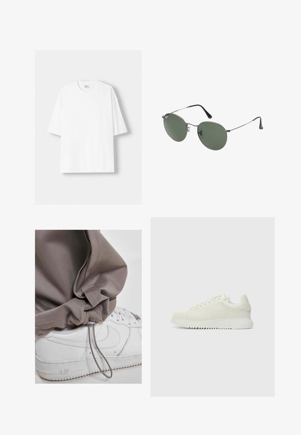 White short-sleeved t-shirt made from cotton, featuring a round neckline and a relaxed fit. Smooth texture, with no visible patterns or accents.; Light gray jogger pants with a drawstring cuff, paired with white sneakers featuring a textured sole and distinct logo detail.; White leather sneaker with textured upper, rounded toe, flat white sole, and tonal laces. Subtle branding on the tongue.; Metal-framed sunglasses with oval green lenses. Thin silver metal frame and black ear tips. Minimalist design, no visible logos.
